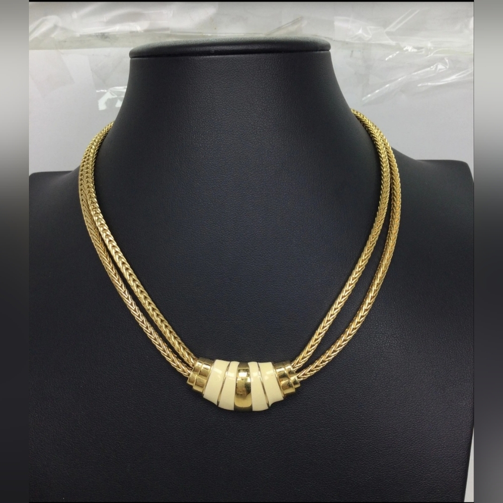 Vintage Monet Goldtone Cream Enamel Dual Strand Necklace 16" EUC
